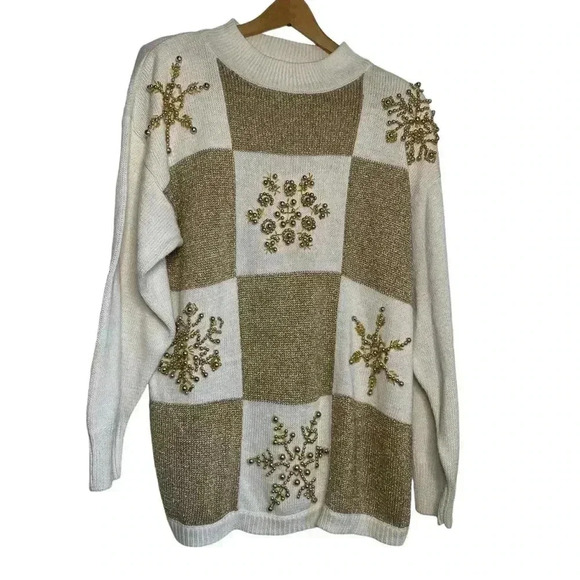 Lew Magrum VINTAGE gold and cream, gold beaded snowflake Christmas sweater SZ-L - Picture 3 of 11
